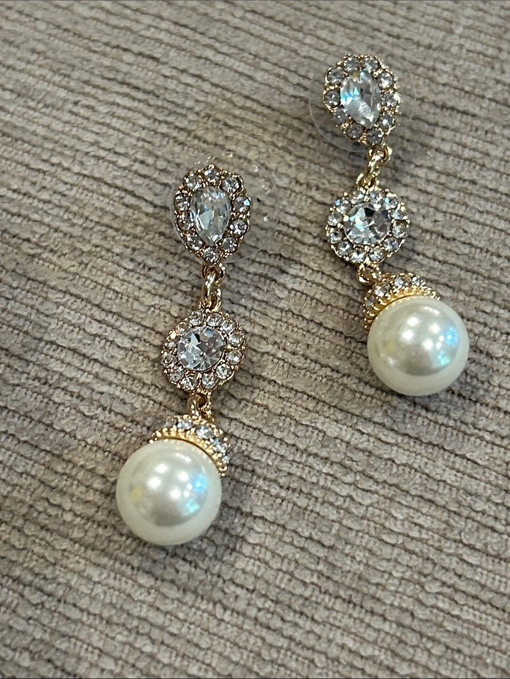 Gold-Tone faux Pearl Drop Earrings with Clear Crystals
